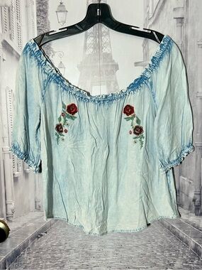Light Blue Off-Shoulder Top with Red Floral Embroidery